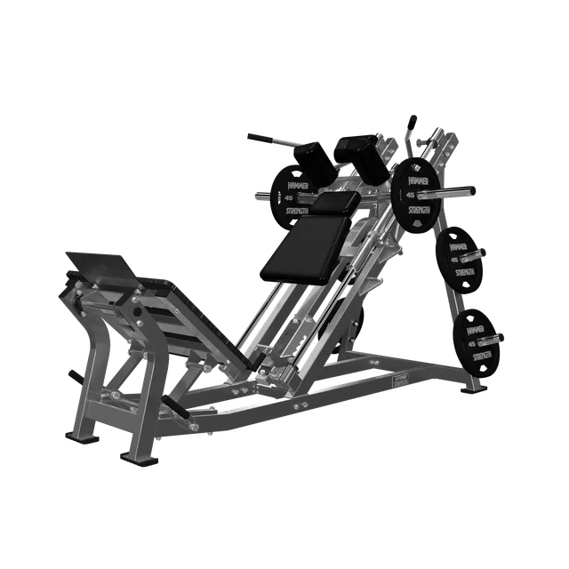 Hammer Strength PL-HSQ2 hack squat with silver frame, shoulder and back pads, foot platform and example plates